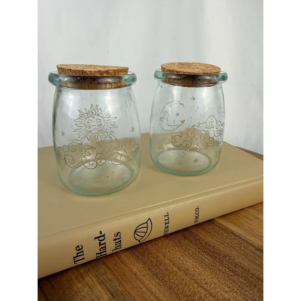 Set of 2 Hand Etched Celestial Glass Jars Cork Lids Sun Moon Apothecary Bottles
